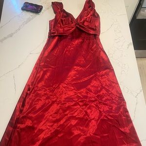 David’s Bridal red down with strap and waist cinching details